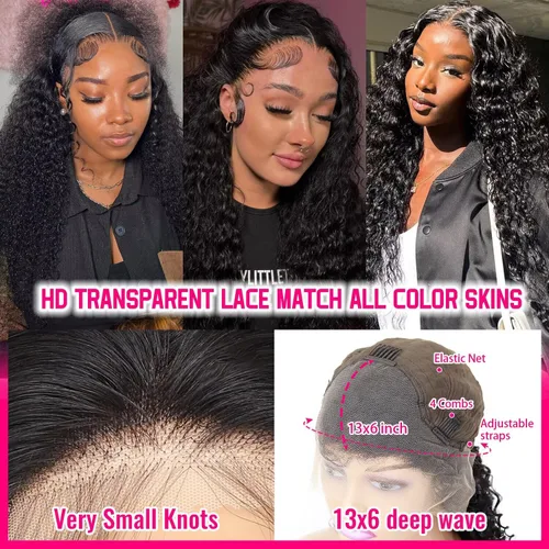 Vista 6 de Pelucas de cabello humano ondulado profundo con encaje frontal transparente HD de 13 x 6 pulgadas, pelucas de cabello humano de densidad 200