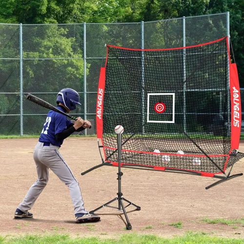 Vista 5 de 6'x6' Baseball Softball Practice Net, Batting Tee & Ball Caddy Rojo-B