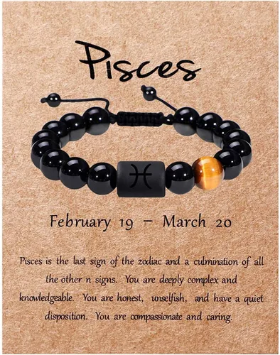 Vista 20 de SUMMER LOVE Father's Day Gifts Zodiac Bracelet for Men Women 10mm Natural Black Onyx Stone Star Sign Constellation Beaded Protection Bracelet