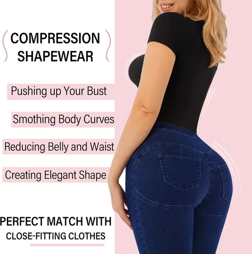 Vista 4 de Bodysuit for Women - Seamless Body Shaper Short Sleeve Shapewear Shaping Sculpting Suit Thong