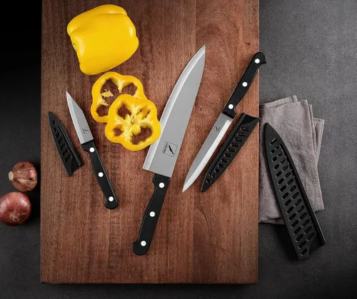 Vista 5 de COKUMA Cuchillo de cocina, juego de 3 cuchillos con funda, cuchillo de chef de 8 pulgadas, cuchillo utilitario de 4.5 pulgadas, cuchillo de chef
