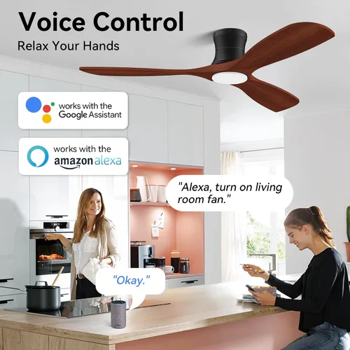 Vista 2 de Ventiladores de techo inteligentes de perfil bajo de 52 pulgadas con luces y control remoto, 3 aspas de madera, motor de CC silencioso, ventilador