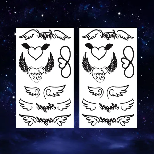 Vista 2 de Juego de 2 calcomanías de tatuaje temporal pequeñas, diseño de alas de corazón de ángel para mano, cuello, cara, muñeca, dedo, impermeable, falso