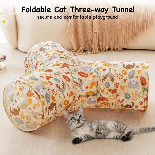 Vista 3 de Tempcore Túnel para gatos con tubo de juguete, túneles plegables de 3 vías para gatos, túneles para mascotas aburridas con agujero y pelota, juguete