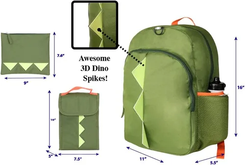 Vista 3 de Juego de mochila para niños, 16 pulgadas, 6 piezas, incluye bolsa de almuerzo plegable, botella de agua, llavero y estuche para lápices, Dinosaurio