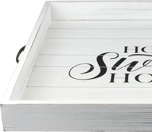 Vista 4 de Stonebriar Bandeja de madera decorativa casera dulce blanca desgastada cuadrada con manijas de metal