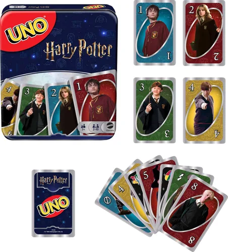 Vista 6 de Mattel Games UNO - Juego de cartas de Harry Potter en lata de almacenamiento para niños, adultos y fiestas, baraja coleccionable basada en series
