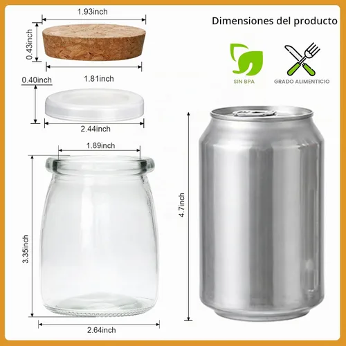 Vista 2 de Recipientes de yogur con tapas de corcho, 6 piezas, tarros de vidrio de 7 onzas con tapas