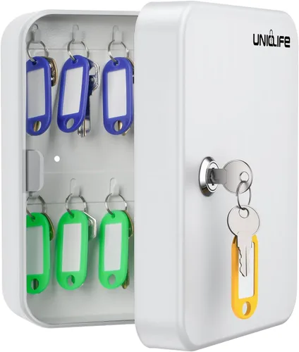 Vista 9 de Uniclife Gabinete de llaves de 20 posiciones con cerradura de llave montada en la pared, caja de almacenamiento de seguridad negra, organizador