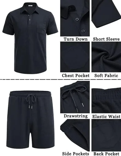 Vista 5 de COOFANDY - Conjunto de polo y pantalones cortos de punto acanalado para hombre, 2 piezas, atuendo de verano, traje casual deportivo con bolsillos