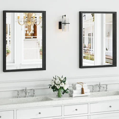 Vista 2 de Syndra Espejo de baño con marco de madera negra, 22 x 30 pulgadas, moderno espejo de tocador para pared, marco delgado y profundo impermeable Negro