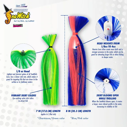 Vista 4 de C&H Lures Señuelos de Pesca Sea Witch - Originales Desde 1959, Faldas de Nylon Revelan Cabeza con Peso, 15 Colores, 8 Pesos de Cabeza, Señuelo