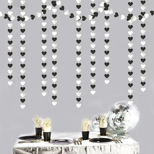 Vista 7 de Guirnalda de corazones para decoración de fiesta en negro, blanco y plata - 52 pies para cumpleaños de 21 años, víspera de Año Nuevo, fondo Blace