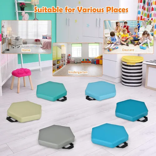 Vista 7 de KOTEK 6 cojines de suelo para niños de 15 pulgadas con asas, asientos circulares de espuma gruesa, asientos suaves y flexibles para aula, primaria