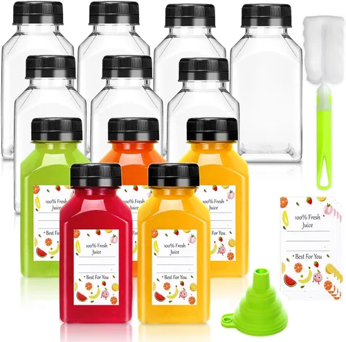Vista 10 de Botellas de jugo de plástico con tapas 12 piezas - 355 ml Botellas reutilizables con tapas a prueba de manipulación negras - Botellas transparentes