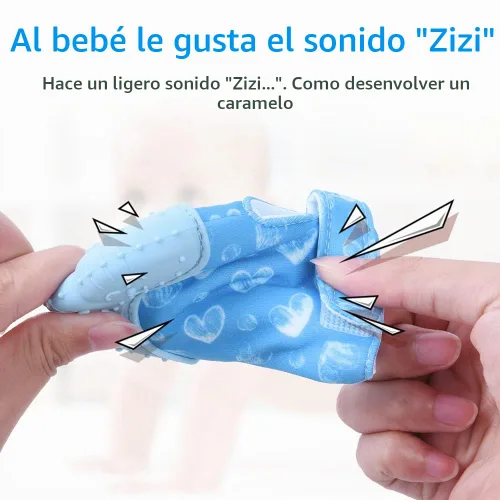 Vista 4 de Vicloon Guante de dentición de silicona, 2 piezas de guante de dentición para bebé con correa ajustable, sonido crujiente y texturado, juguetes