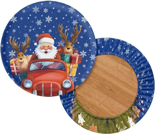 Vista 2 de Juego de 2 fundas redondas para taburetes de Navidad, color azul, diseño de ciervos de Navidad, fundas de cojín elásticas para taburetes de silla