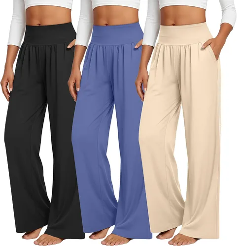 Vista 112 de Neer - Conjunto de 3 pantalones de yoga de pierna ancha para mujer - Pantalones deportivos cómodos, holgados, de cintura alta y casuales