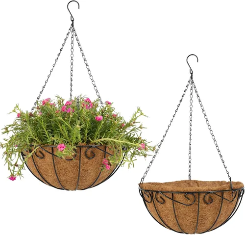 Vista 8 de Paquete de 2 cestas colgantes de metal de 10 pulgadas para plantas al aire libre, macetas colgantes con forro de coco, cestas colgantes para jardín