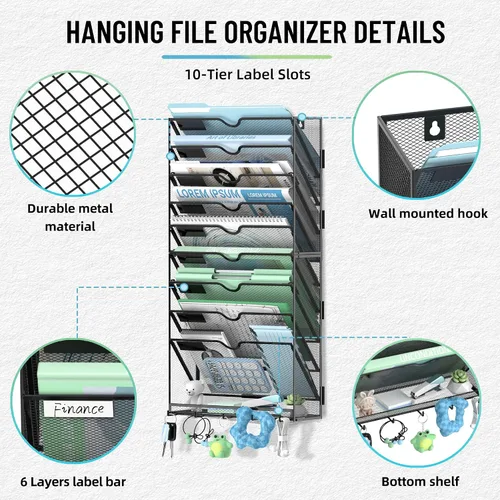 Vista 8 de Organizador de archivos de pared de 10 niveles con ganchos Negro