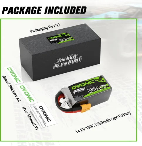 Vista 6 de OVONIC Batería Lipo 4s 100C 1550mAh 14.8V con Conector XT60 para RC FPV Racing Drone Quadcopter