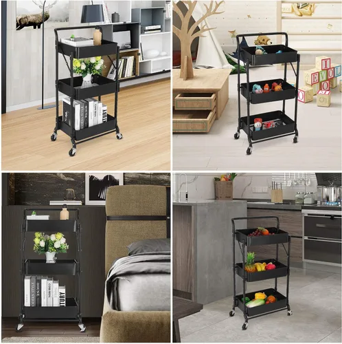 Vista 7 de Carrito plegable de metal de 3 niveles, carrito organizador plegable de almacenamiento multifunción para oficina en casa y biblioteca (negro)