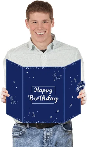 Vista 6 de Tarjeta decorativa grande de cumpleaños azul plateado para hombres y niños, libro de firmas, tarjetas gigantes, suministros de fiesta, libro