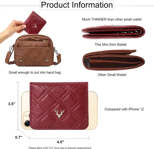 Vista 4 de Billetera para mujer, con bloqueo RFID, pequeña, compacta, plegable, de piel auténtica, con bolsillo, mini carteras para mujeres