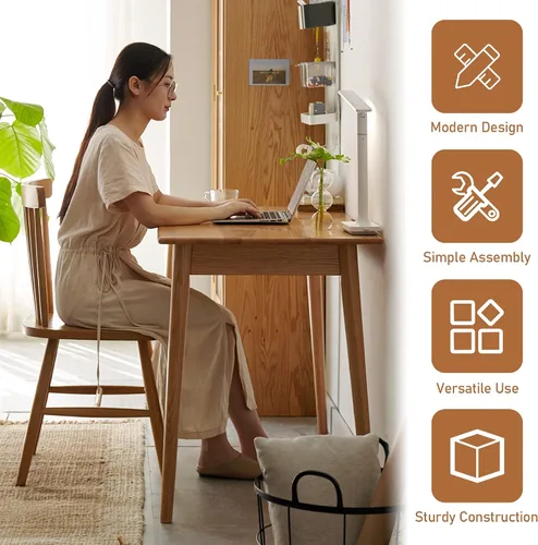 Vista 6 de Escritorio 100% de madera de roble macizo con cajones, escritorio de madera moderno y duradero, pequeño escritorio de computadora para espacios