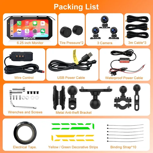Vista 8 de 3PCS 1080P motocicleta Dash Cam, TPMS, 6.25" motocicleta Carplay & Android Auto Screen & HiCar, sensor de luz, grabación en bucle, controlador