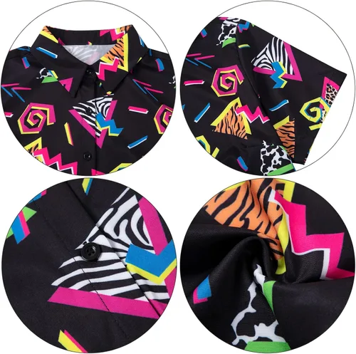 Vista 6 de Trajes de los años 80 y 90 para mujer, camisa de fiesta temática retro de los años 80, camisa hawaiana de los años 80, camisa hawaiana neón hawaiana