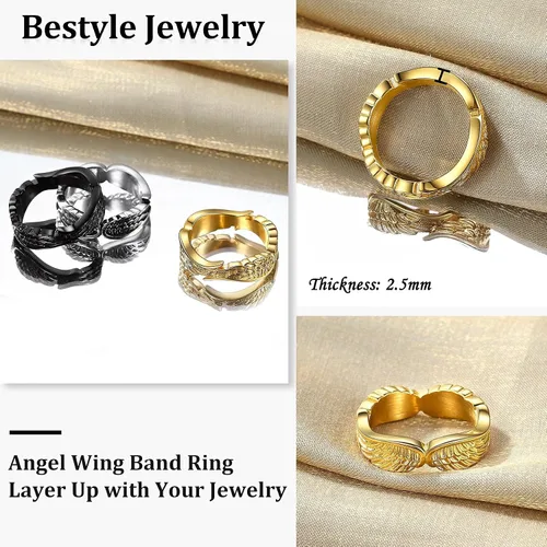 Vista 7 de Bestyle Anillos de ala de ángel antiguos para mujeres y hombres, anillos de banda de plumas de guardián, anillos de promesa de pareja