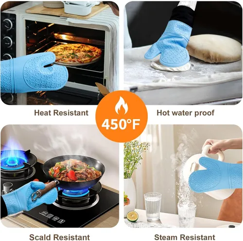Vista 2 de Guantes de horno de silicona resistentes al calor, impermeables, mango flexible, lavable para comida caliente, color azul, extra largo