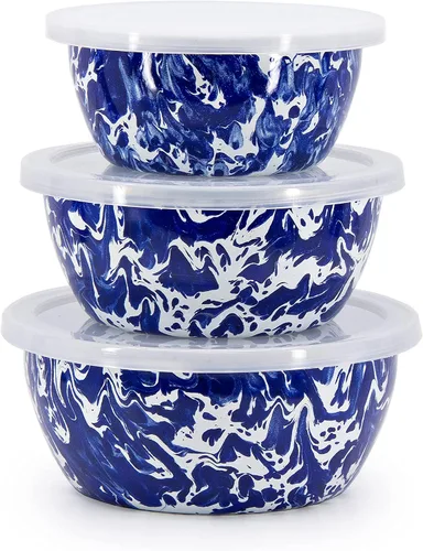 Vista 10 de Golden Rabbit Enamelware - Cuencos de almacenamiento anidables con tapas, juego de 3, camuflaje Mixing, Serving & Storage Bowls, Carbon Steel Core