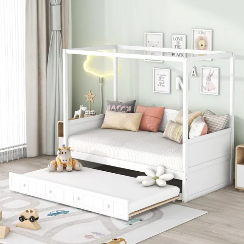 Vista 10 de Polibi Sofá cama extensible, sofá cama de madera con nido y dos cajones, sofá cama convertible con 2 cajones de almacenamiento, se puede ampliar