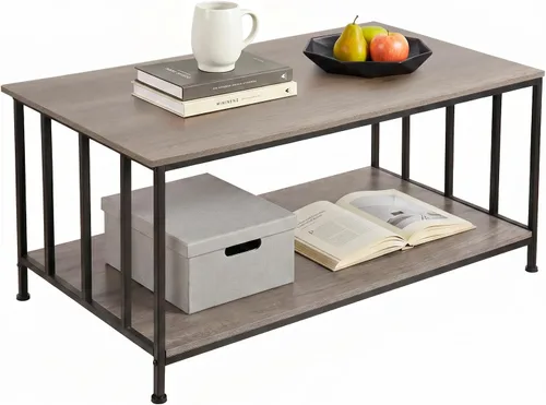 Vista 7 de SENIG Mesa de café pequeña rectangular marrón de madera y metal con estante de almacenamiento para salas de estar pequeñas