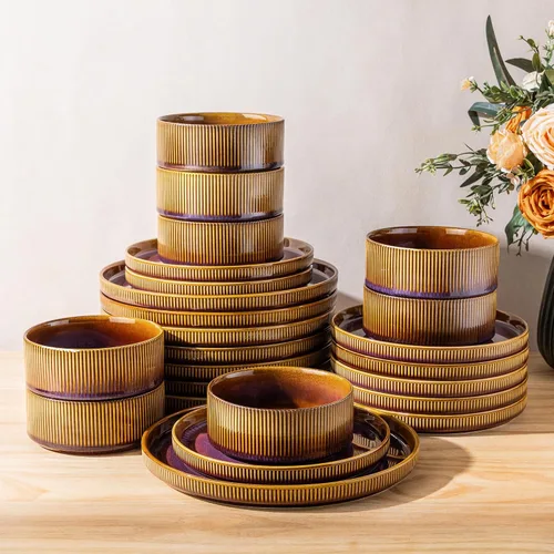 Vista 33 de TheTerra Juego de vajilla de cerámica para 4, juego de 12 platos y cuencos ligeros de porcelana, resistente a los arañazos, apto para horno