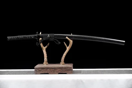 Vista 2 de Espada Katana samurái japonesa negra de 41 pulgadas, acero plegado de Damasco funcional