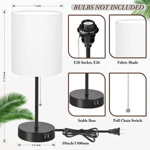 Vista 5 de Juego de 2 lámparas de mesa con puertos de carga USB, lámparas de noche blancas con salida de CA, lámparas de mesita de noche con interruptor