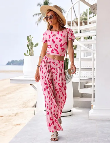 Vista 3 de Ekouaer Conjunto de descanso de 2 piezas para mujer, camiseta corta de punto acanalado, pantalones de pierna ancha con bolsillos S-XXL