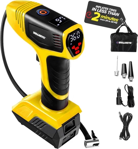 Vista 8 de BULLSEYE PRO - Inflador de neumáticos con manómetro, compacto y portátil, apagado automático, 150 PSI máximo, USB recargable para el hogar y cable