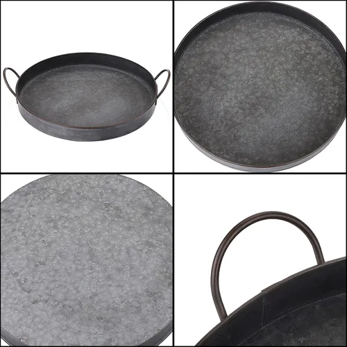 Vista 9 de Hipiwe Juego de 2 bandejas de hierro de metal de estilo industrial con asa, bandeja de almacenamiento galvanizada rústica, mesa de centro de mesa