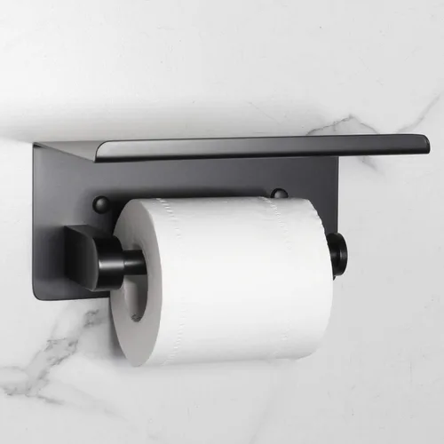 Vista 3 de Soporte de papel higiénico con estante negro mate, accesorios de baño, decoración SUS 304 de acero inoxidable moderno soporte para toallas de papel