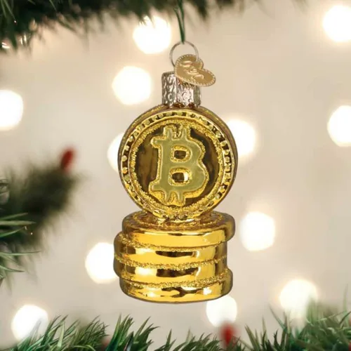 Vista 3 de Old World Christmas Adorno de árbol de Navidad soplado de vidrio Bitcoin