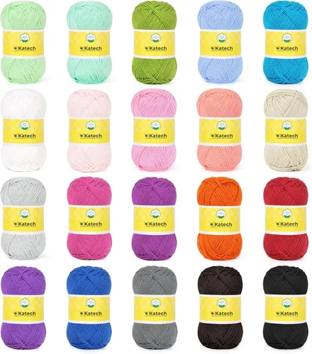 Vista 10 de Katech 20 Mini 1OO% Cotton Yarn for Crocheting, Twisted Sport Weight Yarn 20*25g(B)