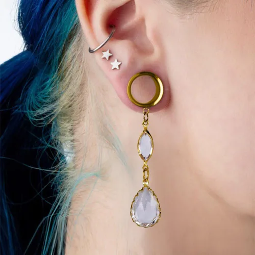 Vista 3 de DOEARKO 2PCS Ear Tunnels with Classy Crystals Chain Dangle Gauges Plugs Stretcher Pair Selling Size 6mm-16mm Piercing Body Jewelry negro (2#BLACK)