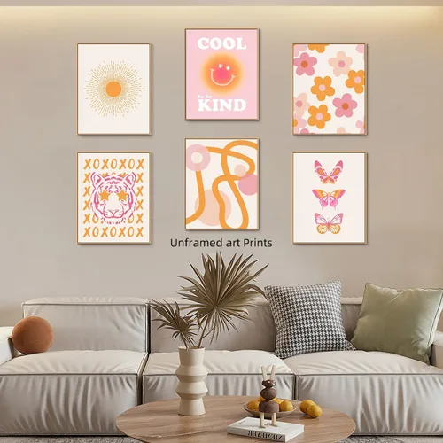 Vista 6 de Double Devil's Arte de pared rosa y naranja para decoración de habitación, pósteres estéticos de los años 70, decoración moderna de dormitorio