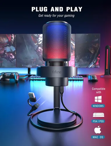 Vista 6 de FIFINE Micrófono para juegos, micrófono USB para PC, para transmisión, podcasts, grabación, micrófono de escritorio de computadora de condensador