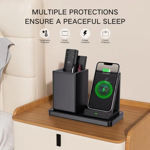 Vista 4 de Organizador Multifuncional para Bolígrafos de Escritorio, Negro, de Cuero Vegano, con Soporte para Control Remoto, Portalápices para Escritorio