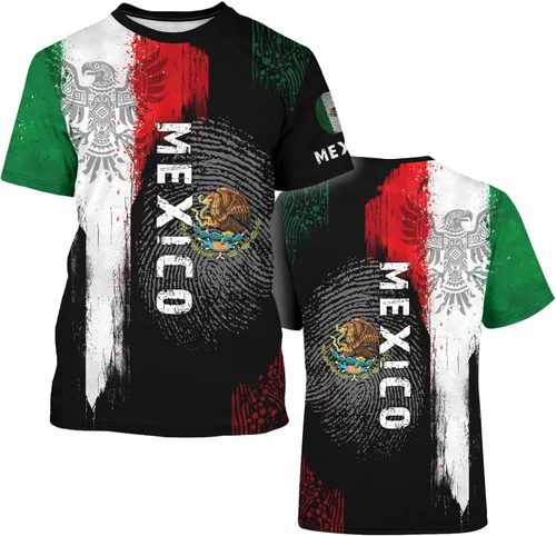 Vista 5 de Camiseta de manga corta con cuello redondo y bandera mexicana, camiseta 3D unisex